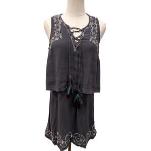 Davina Gray Embroidered Tassel Boho Midi Dress M Festival Gypsy Peasant Cottage